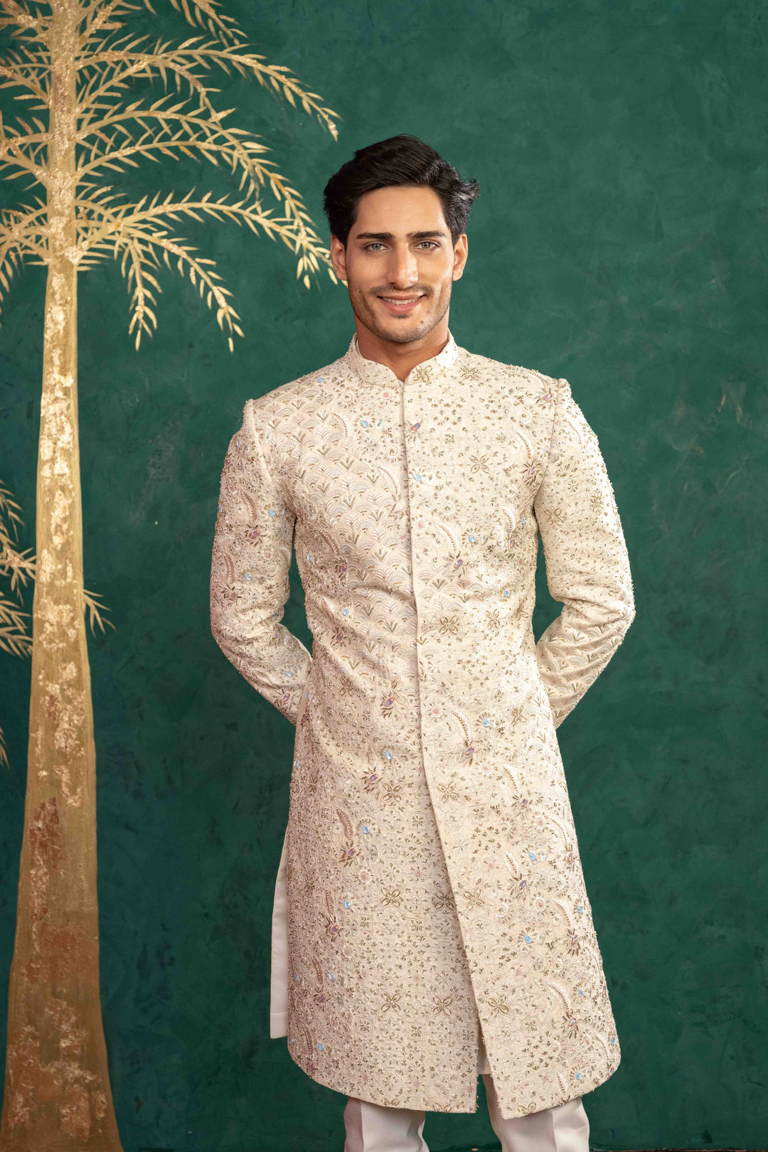 SOFT IVORY MULTI COLOURED SHERWANI – Image 9