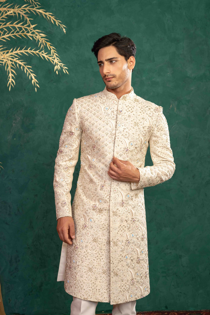 SOFT IVORY MULTI COLOURED SHERWANI