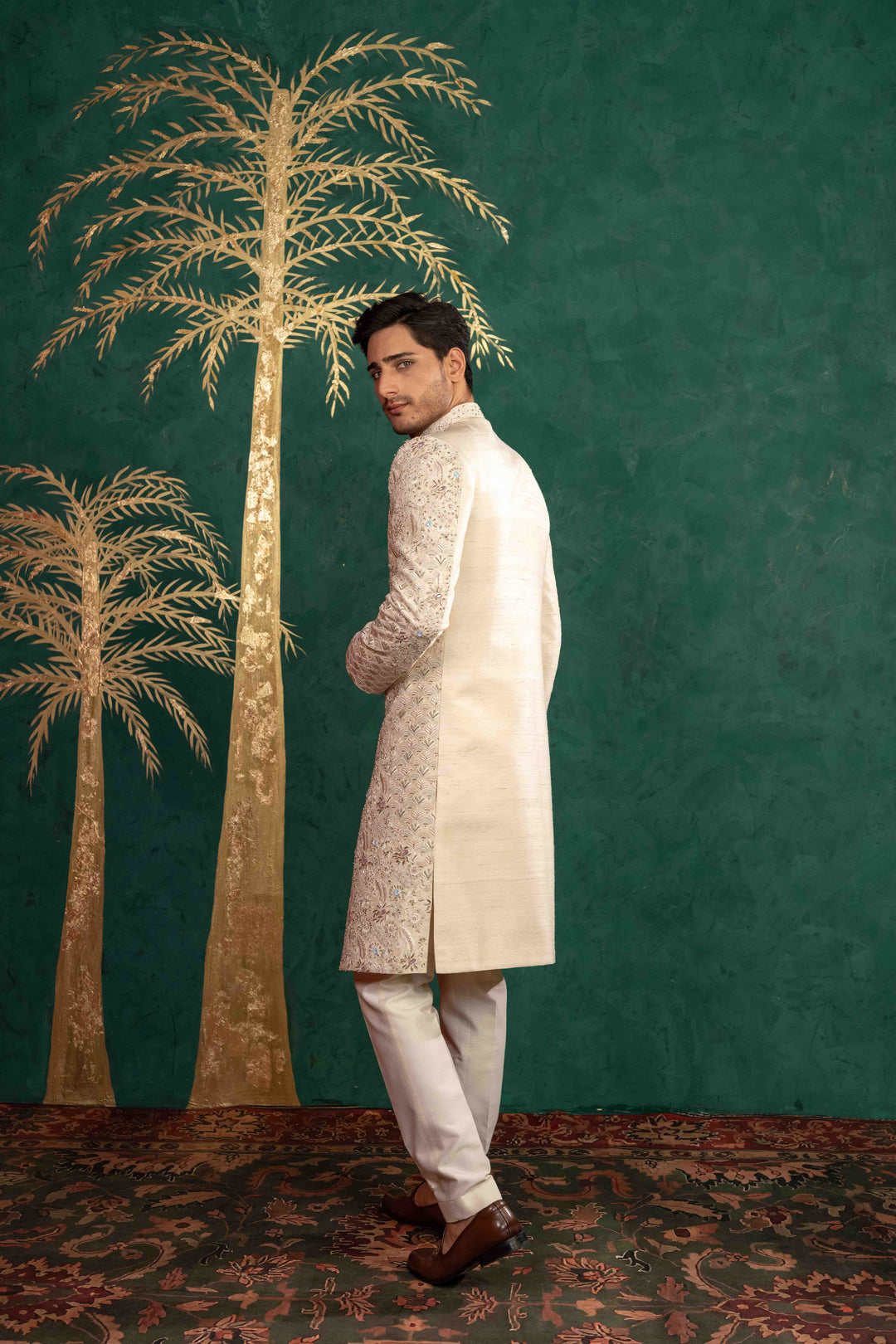 SOFT IVORY MULTI COLOURED SHERWANI – Image 14