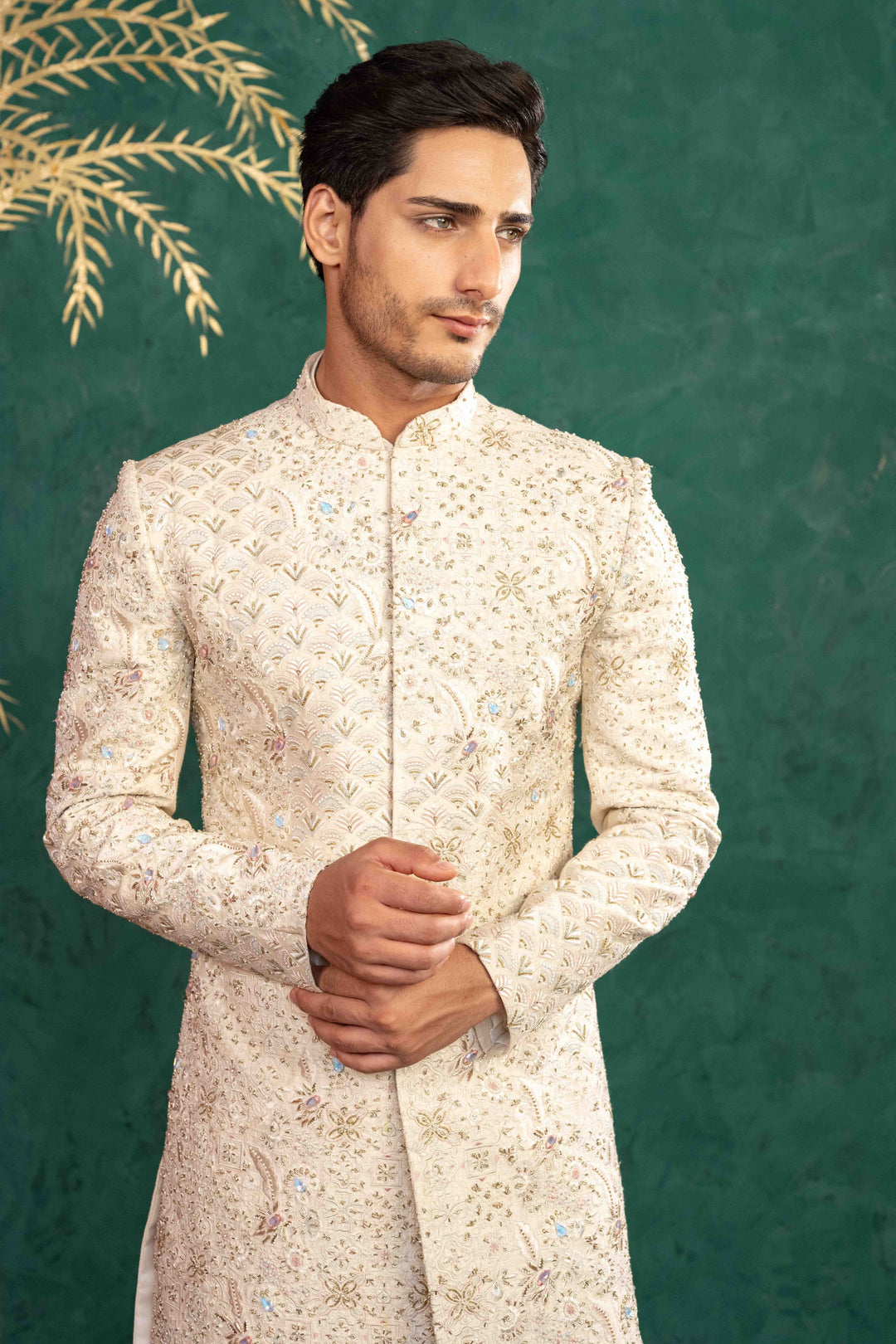 SOFT IVORY MULTI COLOURED SHERWANI