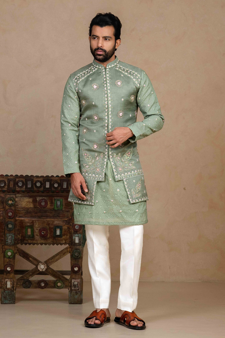 Sage Green - Zardoshi & Resham - Linen Satin & Chanderi - Indo Western