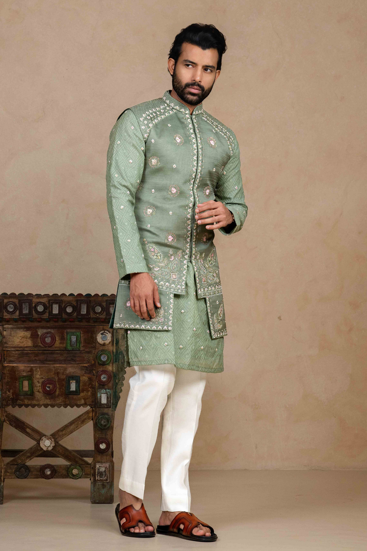 Sage Green - Zardoshi & Resham - Linen Satin & Chanderi - Indo Western