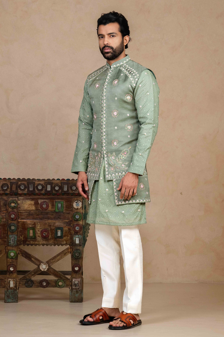 Sage Green - Zardoshi & Resham - Linen Satin & Chanderi - Indo Western