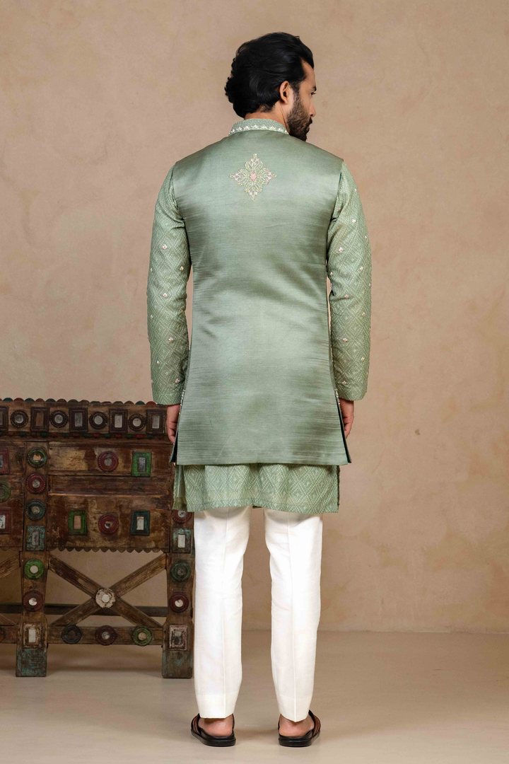 Sage Green - Zardoshi & Resham - Linen Satin & Chanderi - Indo Western