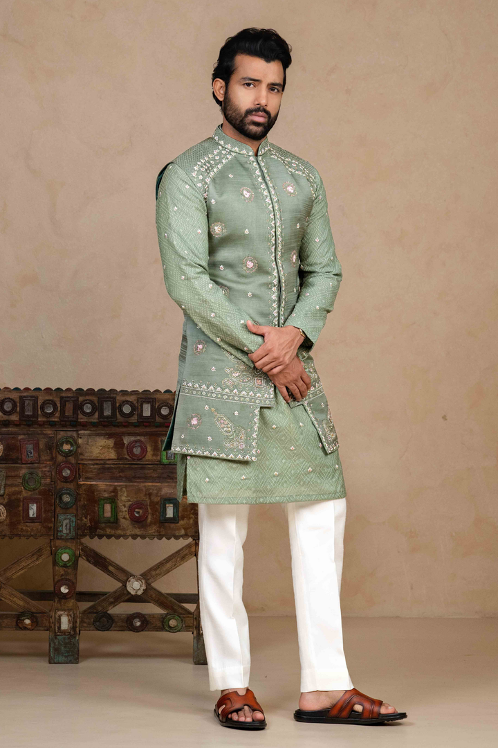 Sage Green - Zardoshi & Resham - Linen Satin & Chanderi - Indo Western