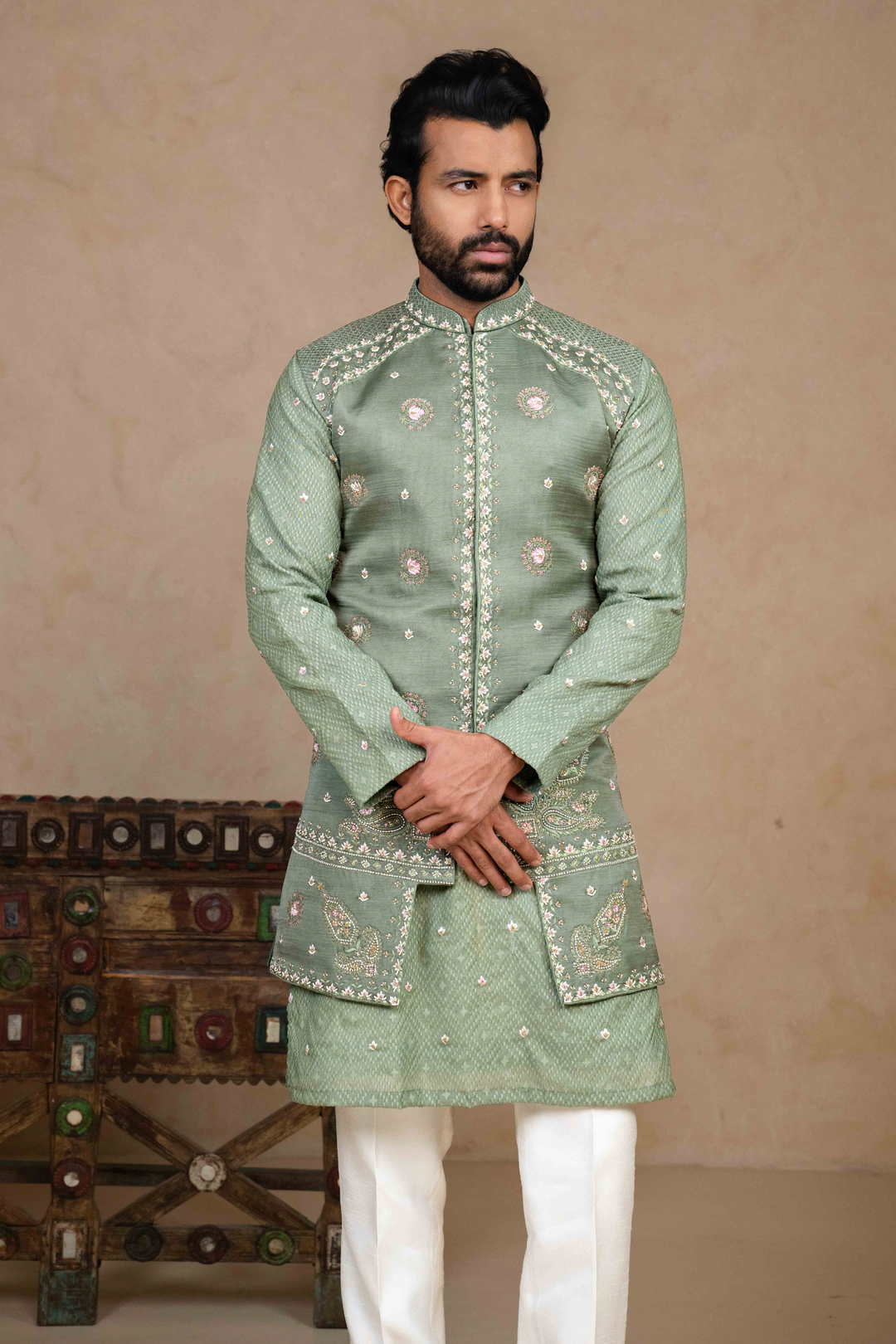 Sage Green - Zardoshi & Resham - Linen Satin & Chanderi - Indo Western – Image 3