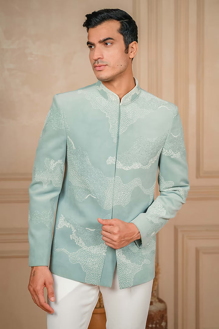 Sea Green Jodhpuri Jacket Set with Embroidery