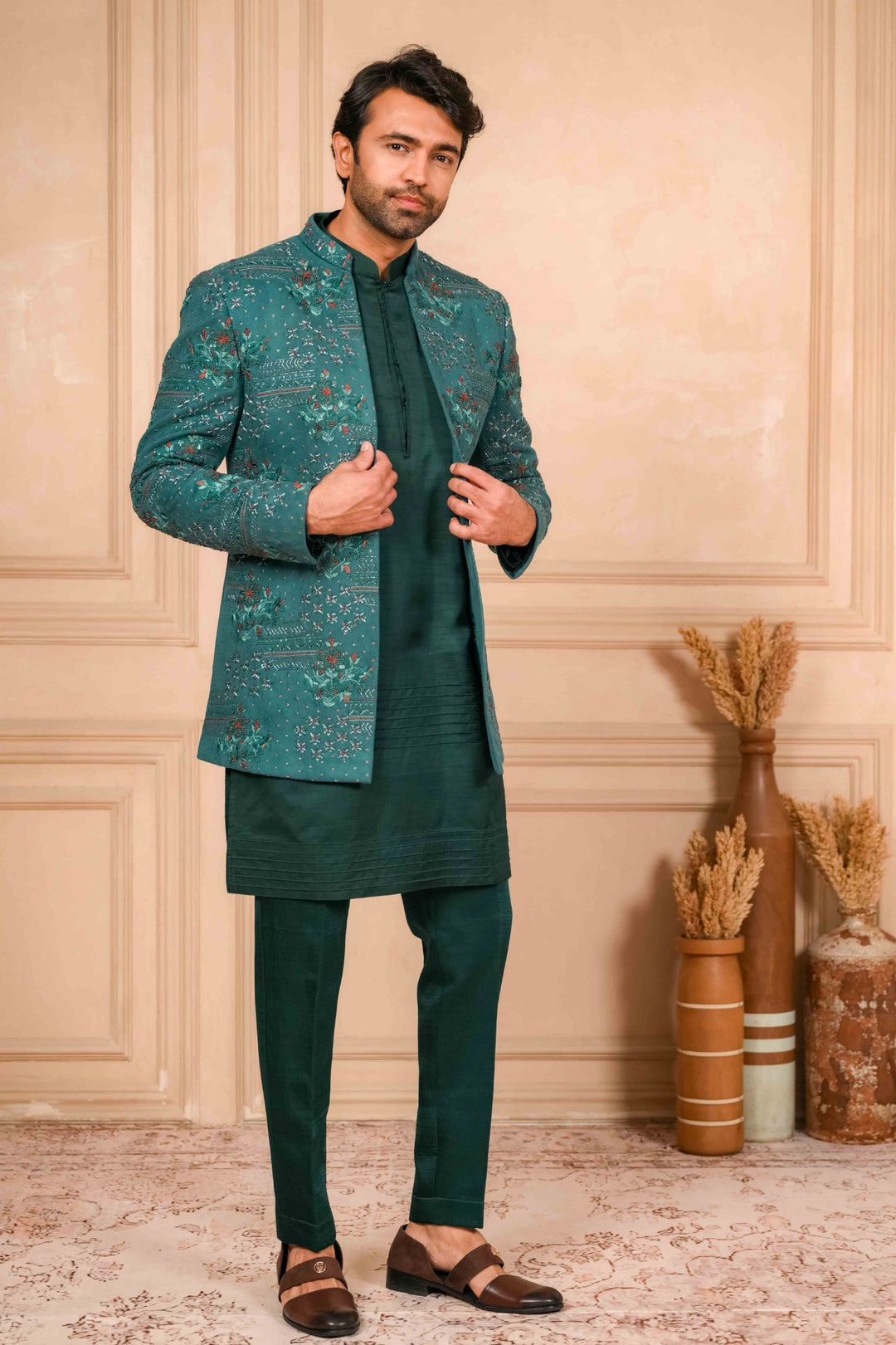 Sea Green Jodhpuri Kurta Set with Embroidery – Image 1