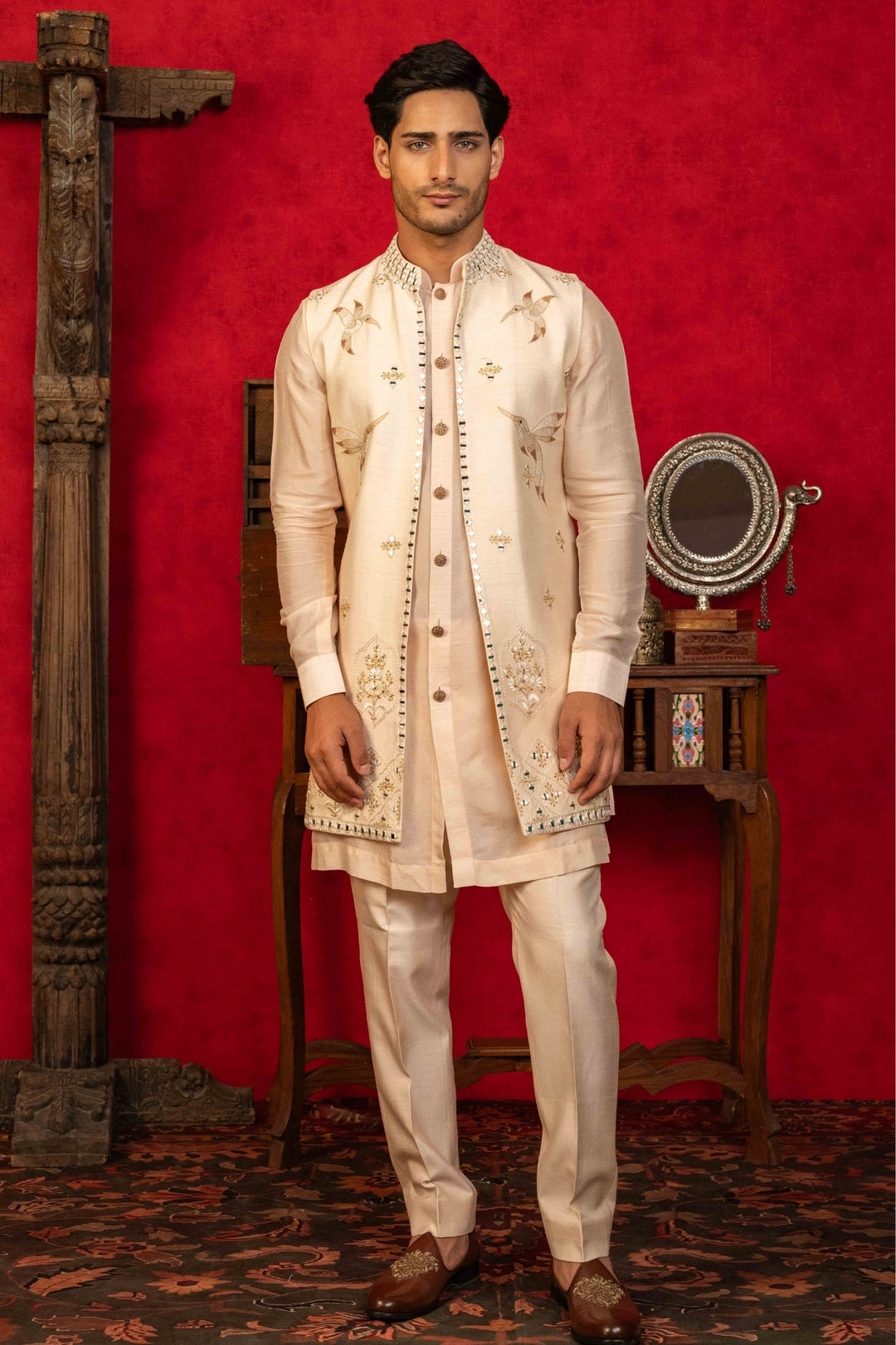Soft Peach Jacket Set with Resham & Mirror