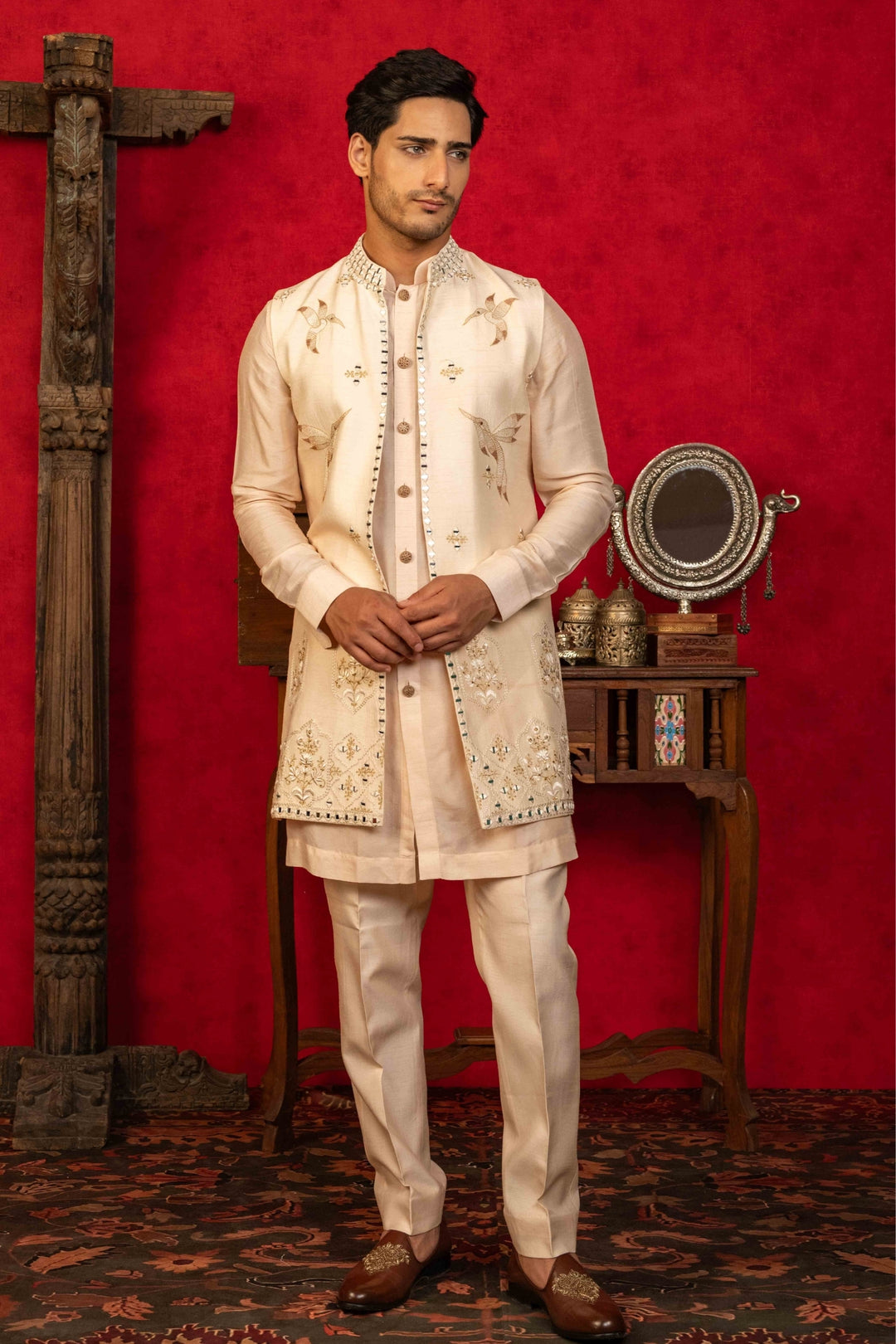 Soft Peach Jacket Set with Resham & Mirror – Image 4