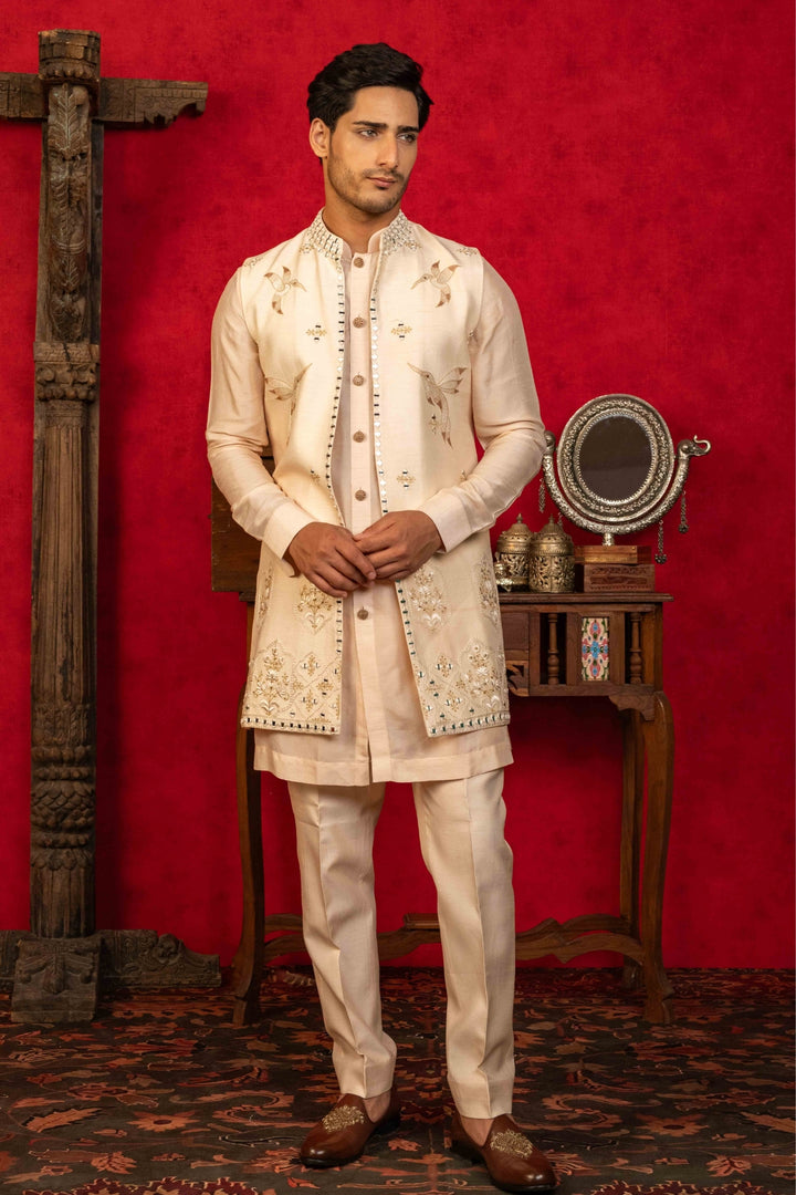 Soft Peach Jacket Set with Resham & Mirror