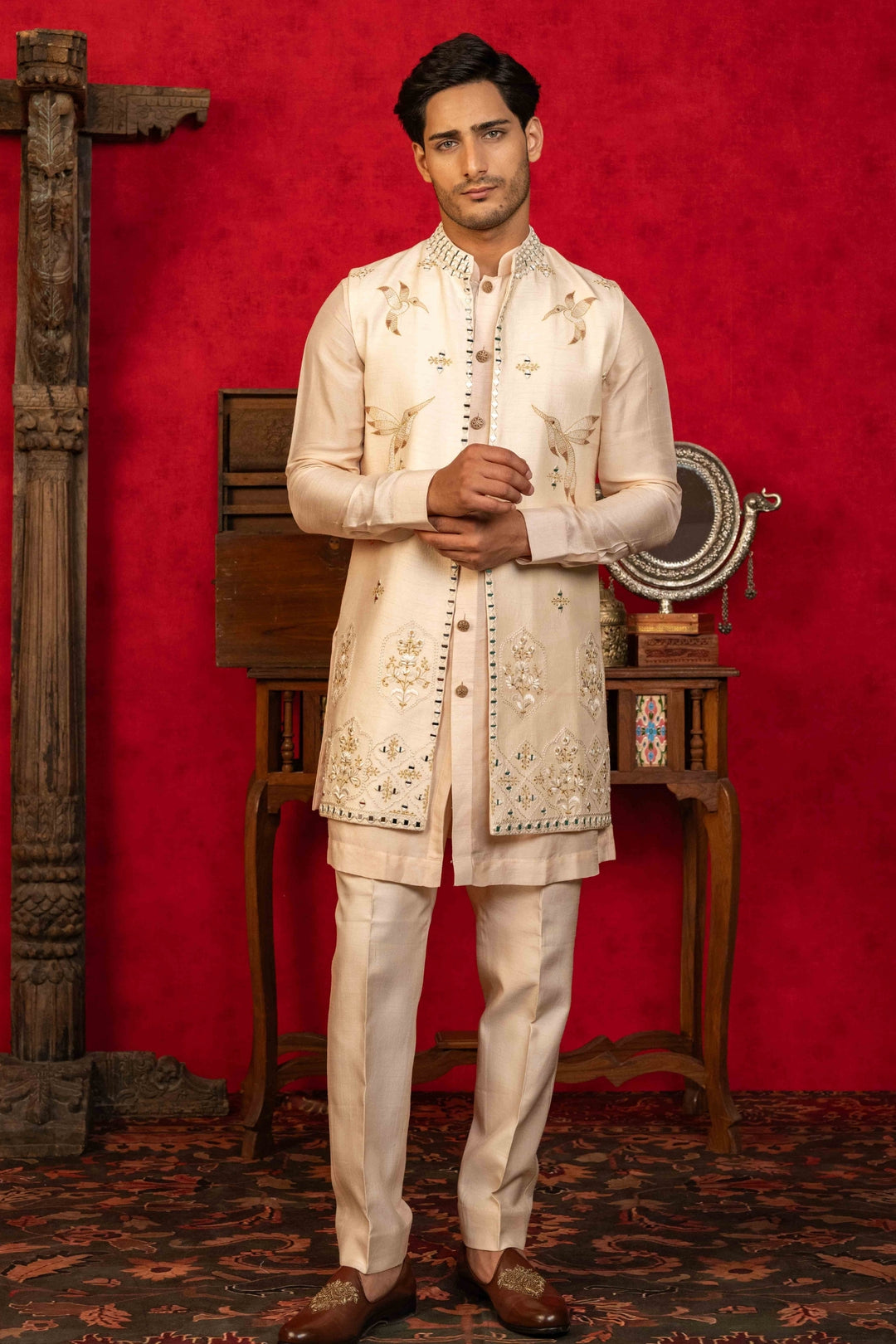 Soft Peach Jacket Set with Resham & Mirror – Image 5
