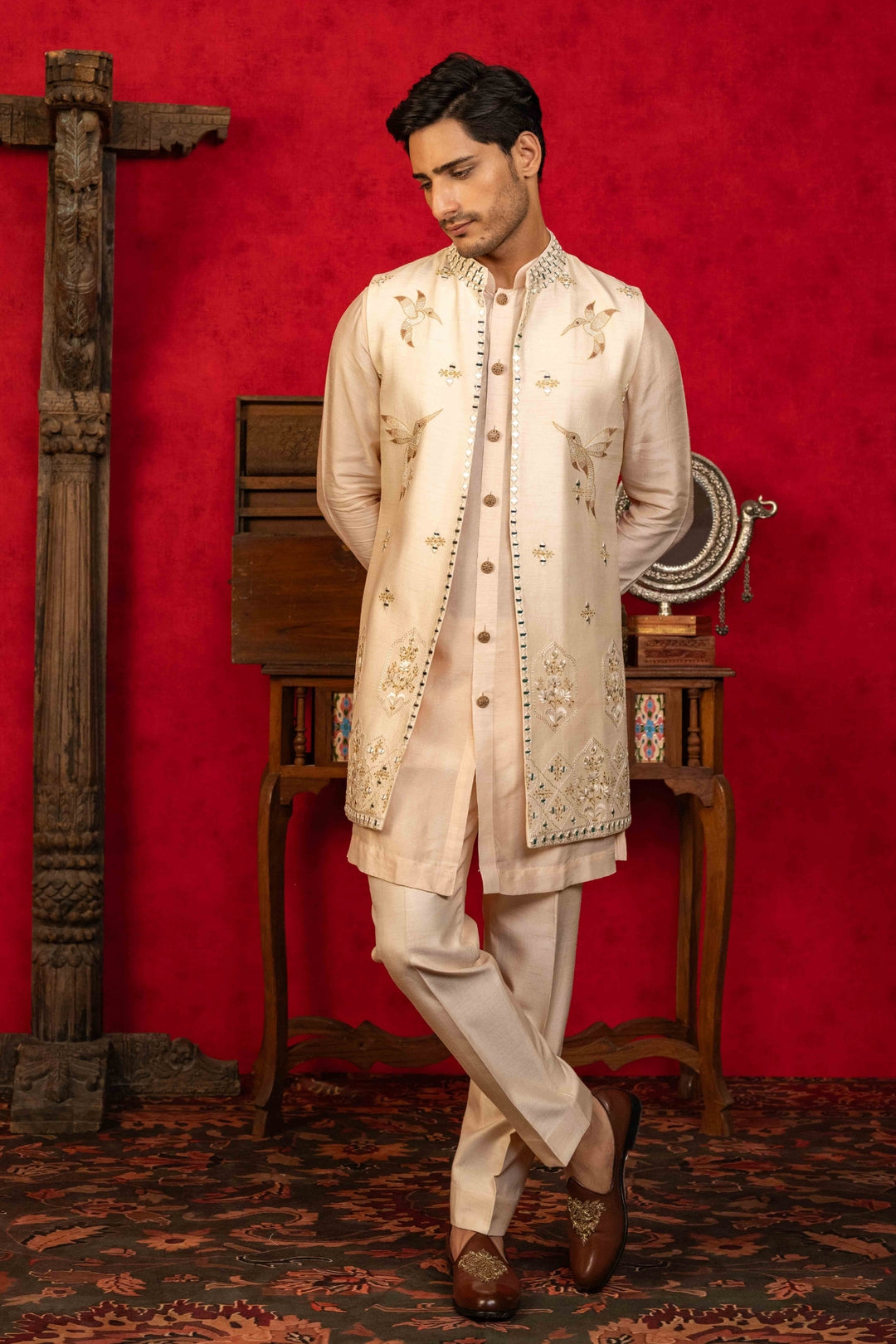 Soft Peach Jacket Set with Resham & Mirror – Image 6