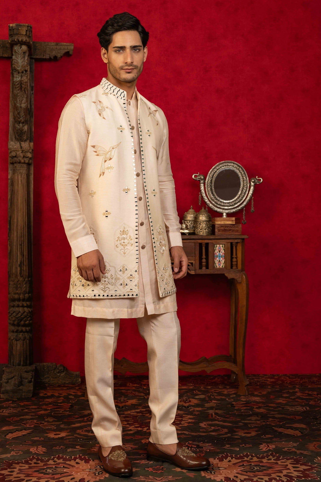 Soft Peach Jacket Set with Resham & Mirror – Image 7