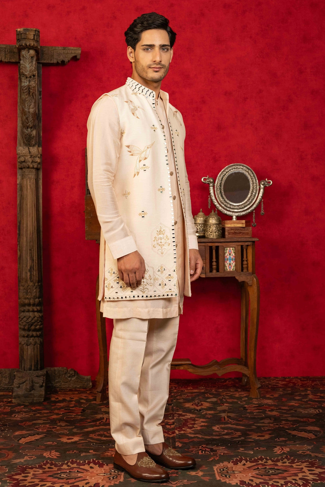 Soft Peach Jacket Set with Resham & Mirror – Image 8