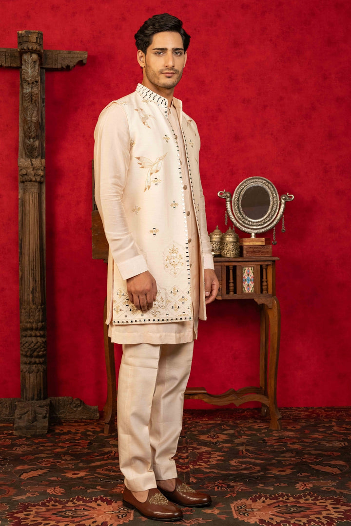Soft Peach Jacket Set with Resham & Mirror