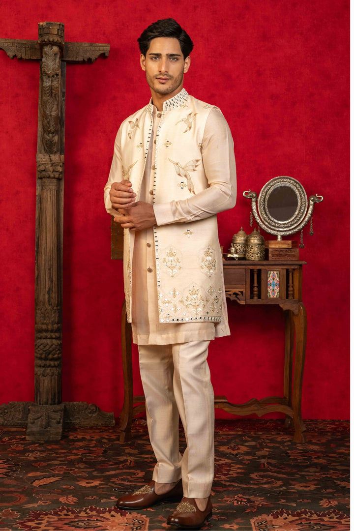 Soft Peach Jacket Set with Resham & Mirror