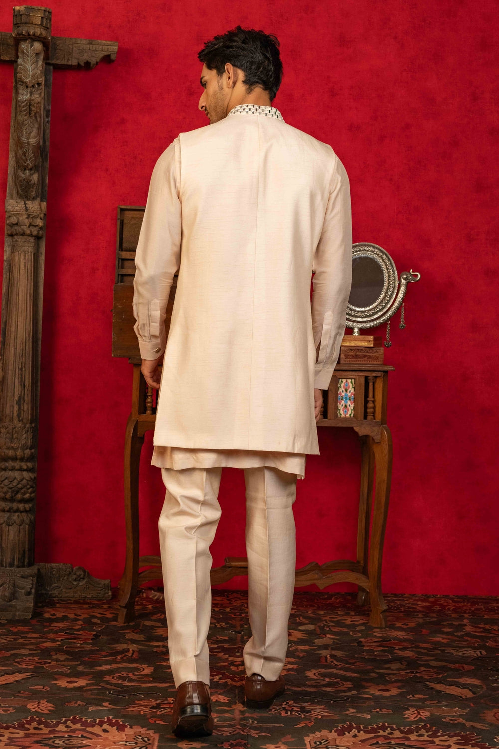 Soft Peach Jacket Set with Resham & Mirror