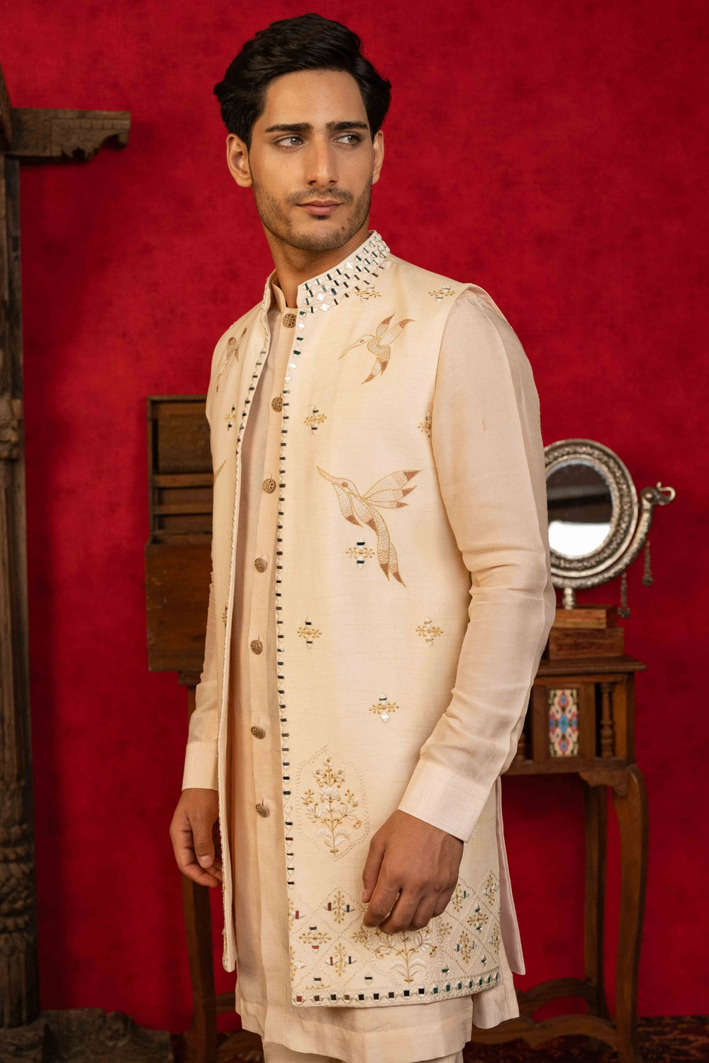 Soft Peach Jacket Set with Resham & Mirror