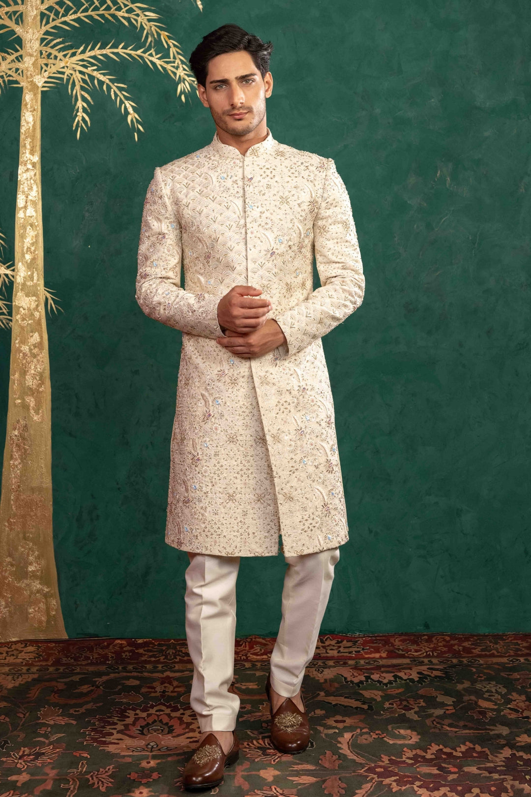 Soft Ivory Multi Coloured Sherwani – Image 3