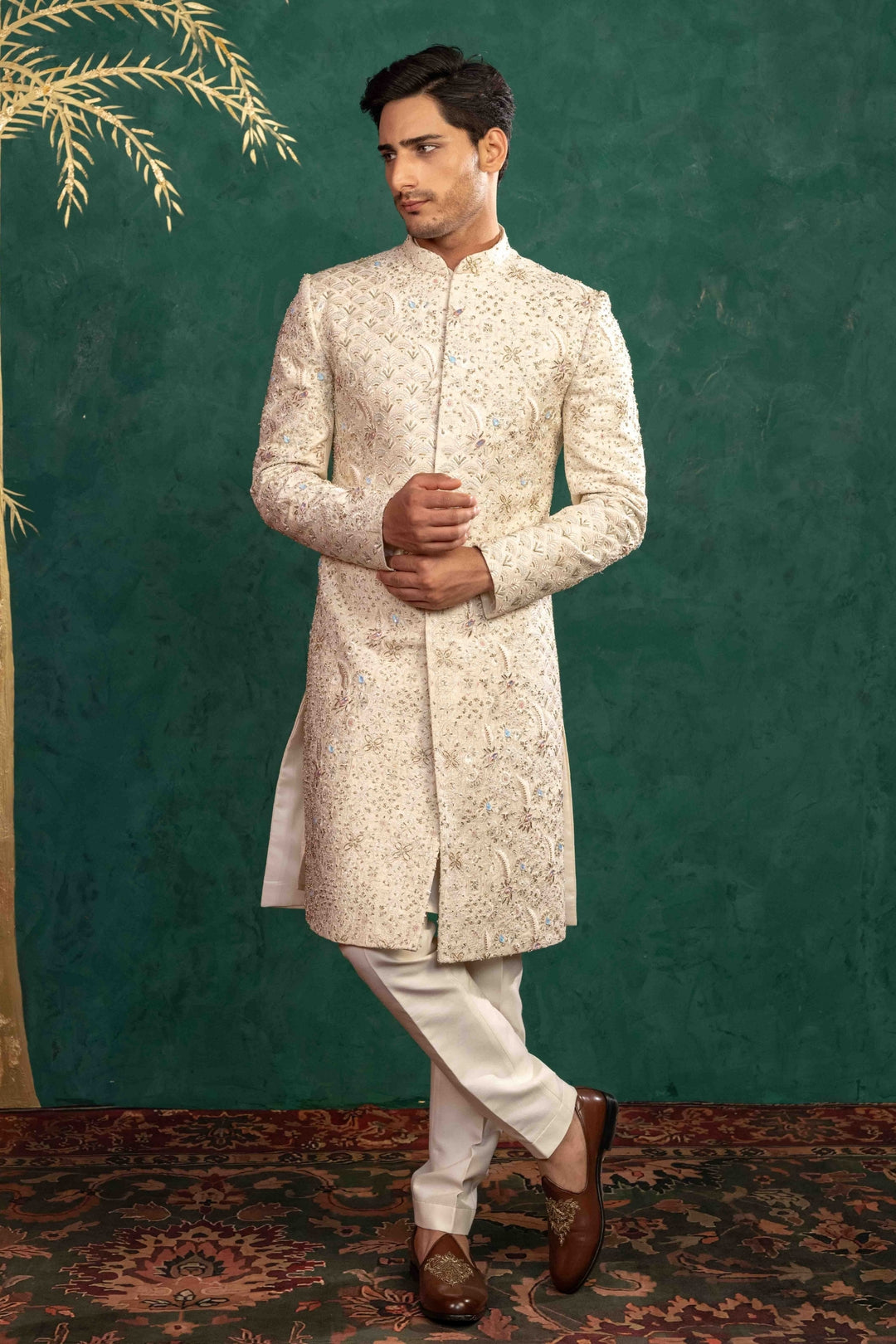 Soft Ivory Multi Coloured Sherwani