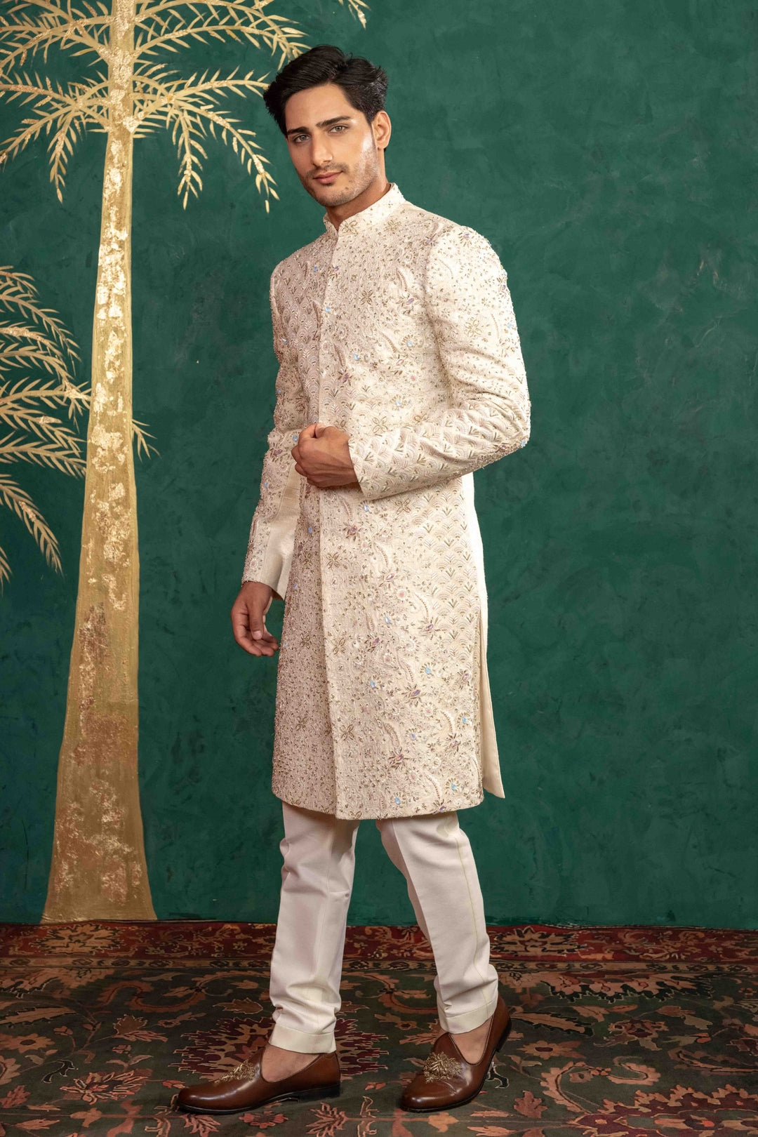 Soft Ivory Multi Coloured Sherwani – Image 4