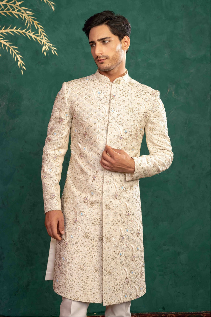 Soft Ivory Multi Coloured Sherwani