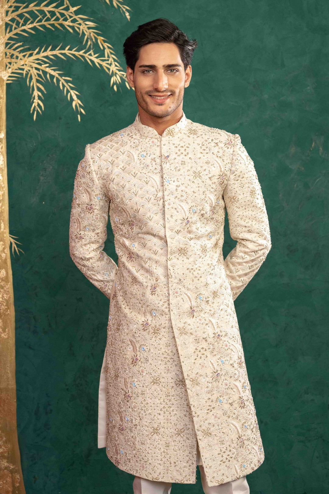 Soft Ivory Multi Coloured Sherwani – Image 6