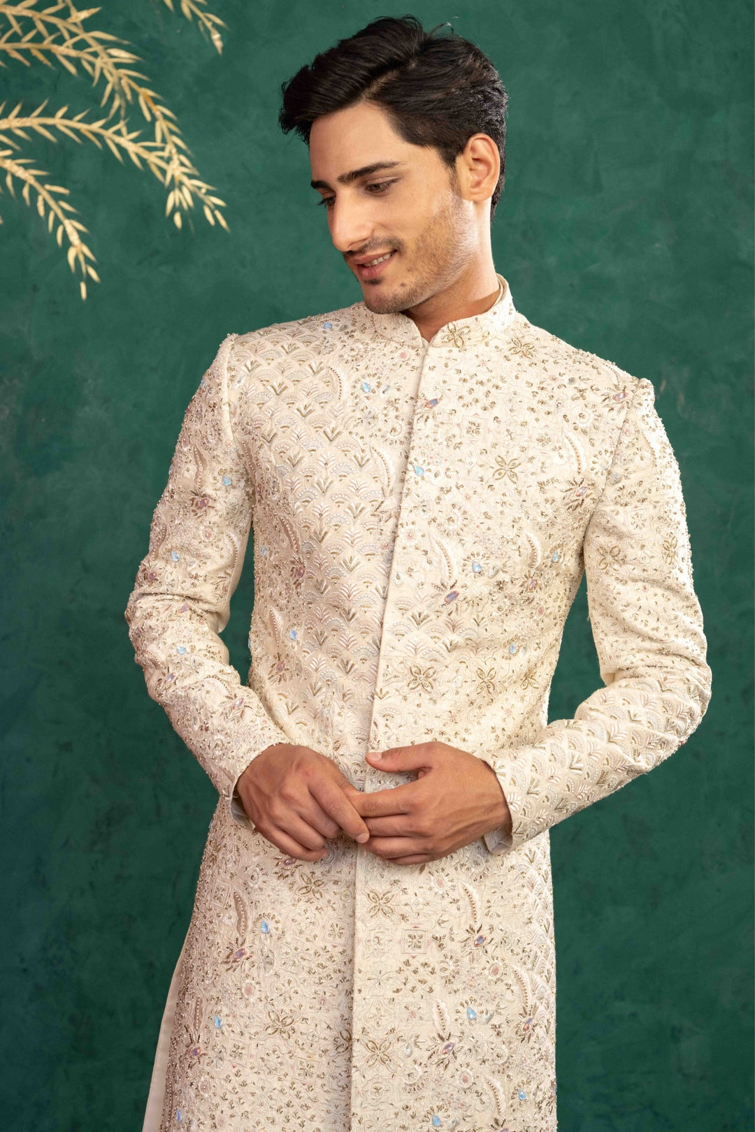 Soft Ivory Multi Coloured Sherwani – Image 7