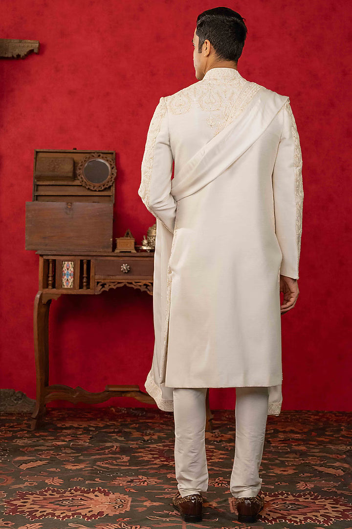 Soft White Sherwani Set with Resham & Moti