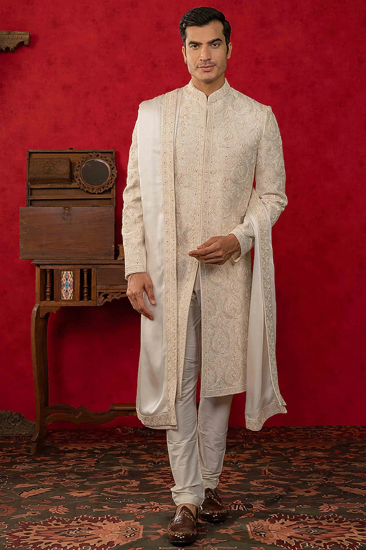 Soft White Sherwani Set with Resham & Moti