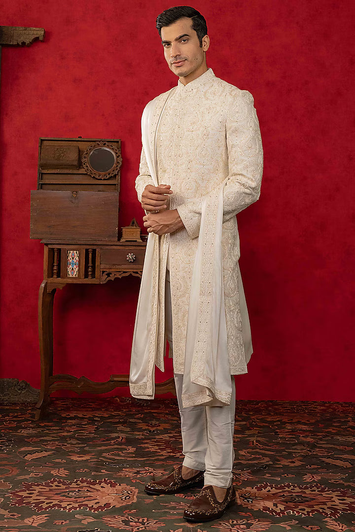 Soft White Sherwani Set with Resham & Moti – Image 3