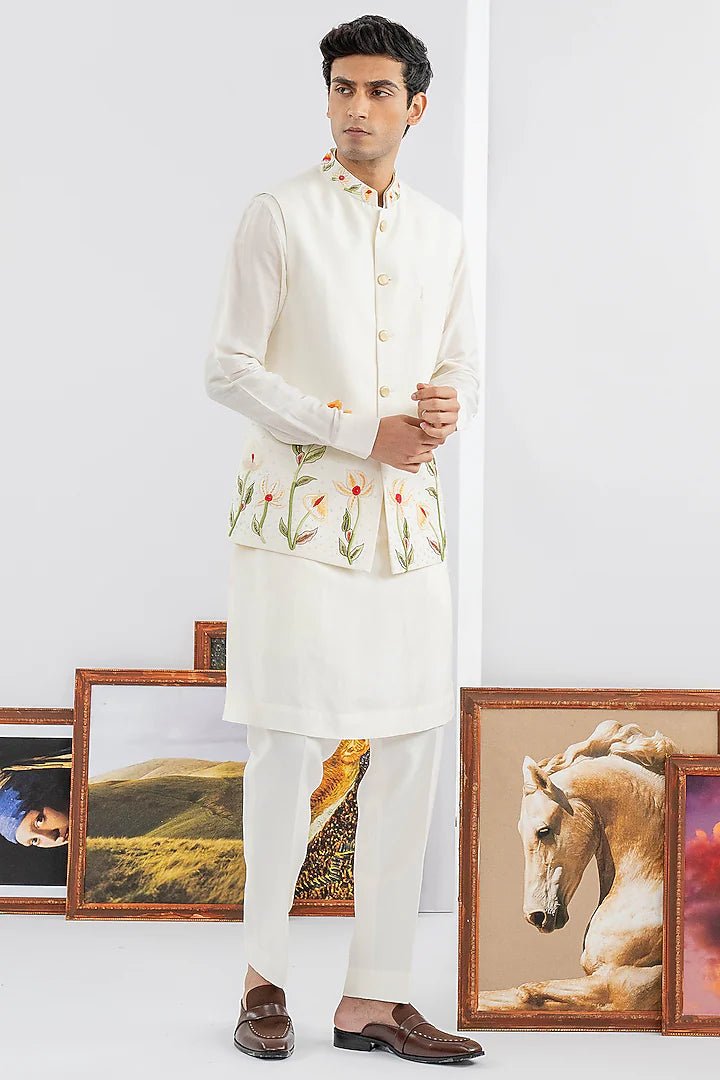 White Dupion Silk Machine & Hand Embroidered Jacket Set