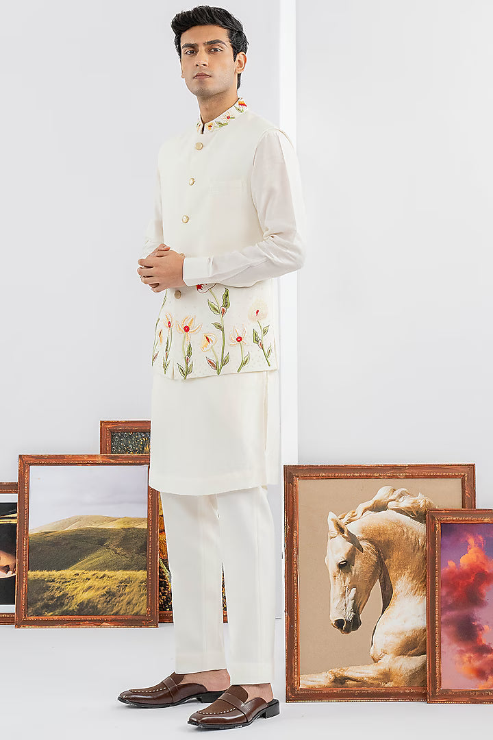 White Dupion Silk Machine & Hand Embroidered Jacket Set