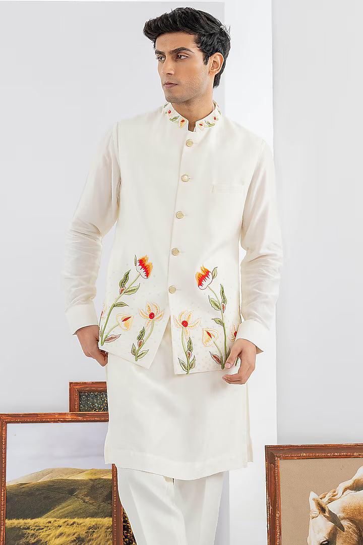White Dupion Silk Machine & Hand Embroidered Jacket Set – Image 2