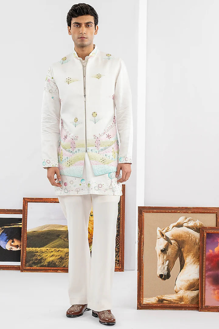 White Japanese Fabric Embroidered Jacket Set