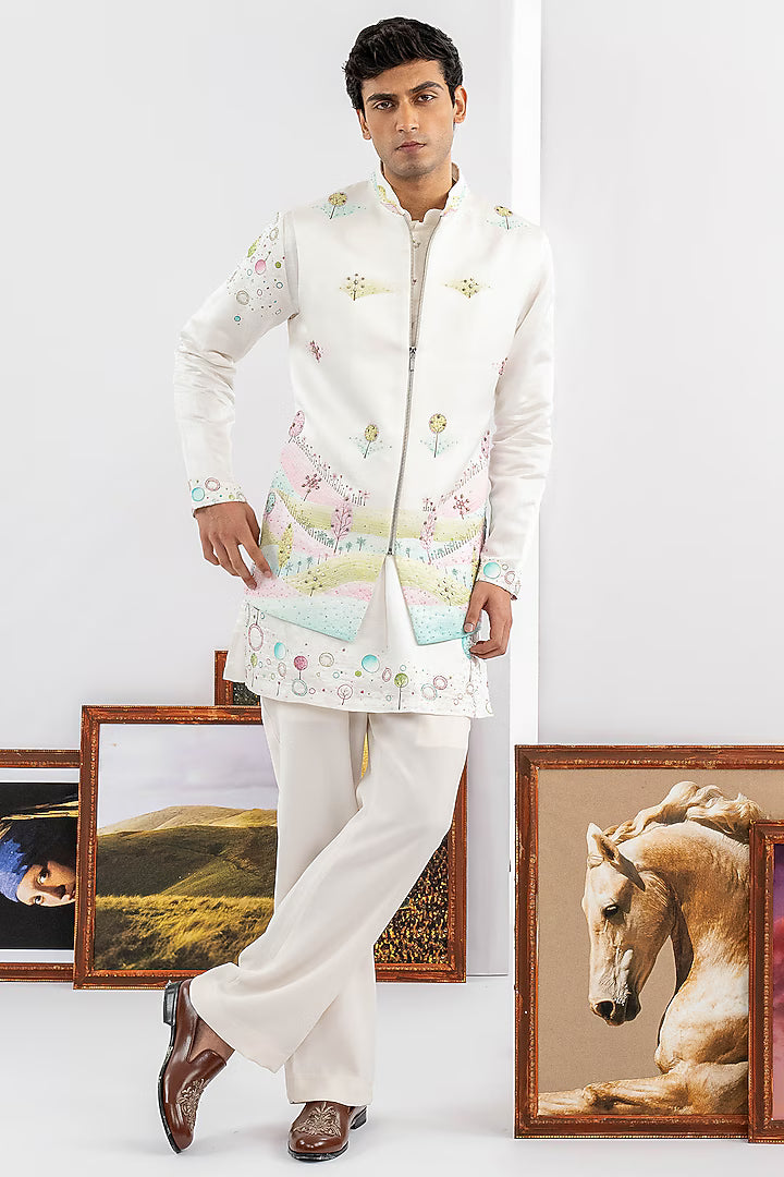 White Japanese Fabric Embroidered Jacket Set