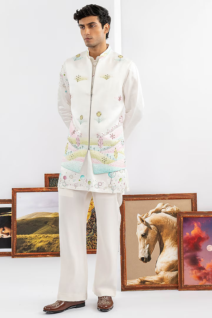 White Japanese Fabric Embroidered Jacket Set