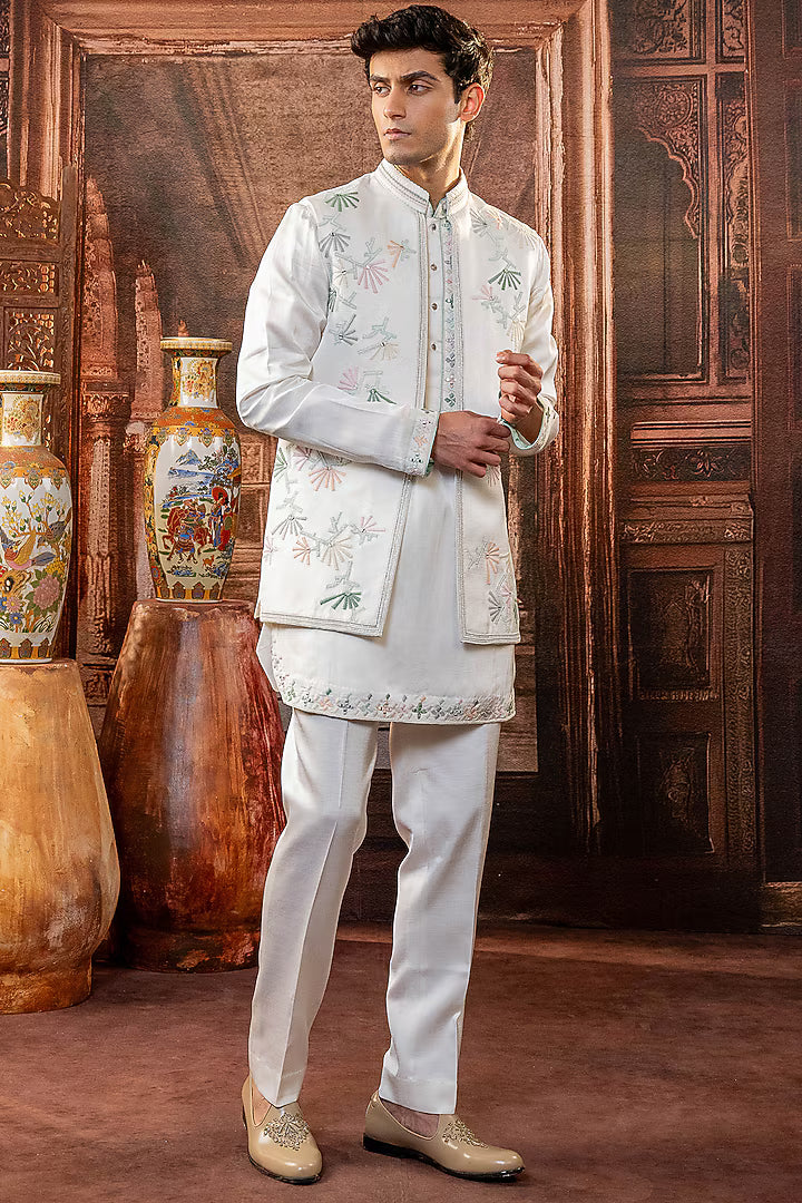 White Japanese Fabric Machine & Hand Embroidered Jacket Set – Image 1