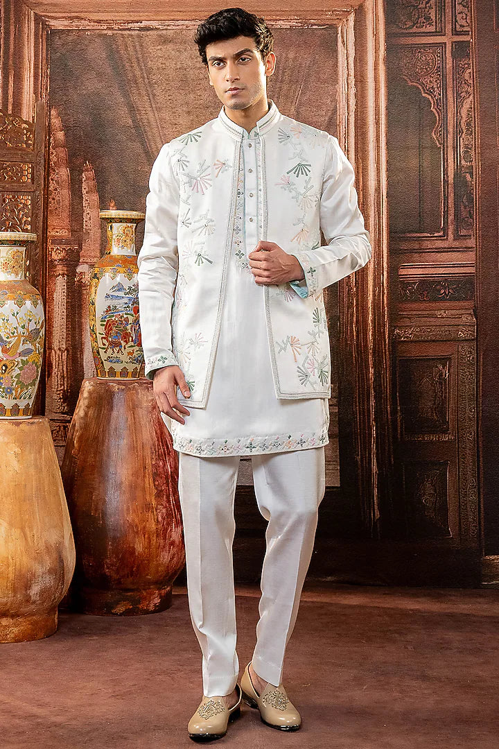 White Japanese Fabric Machine & Hand Embroidered Jacket Set – Image 2