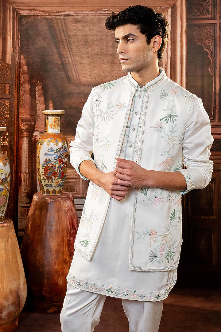 White Japanese Fabric Machine & Hand Embroidered Jacket Set – Image 3