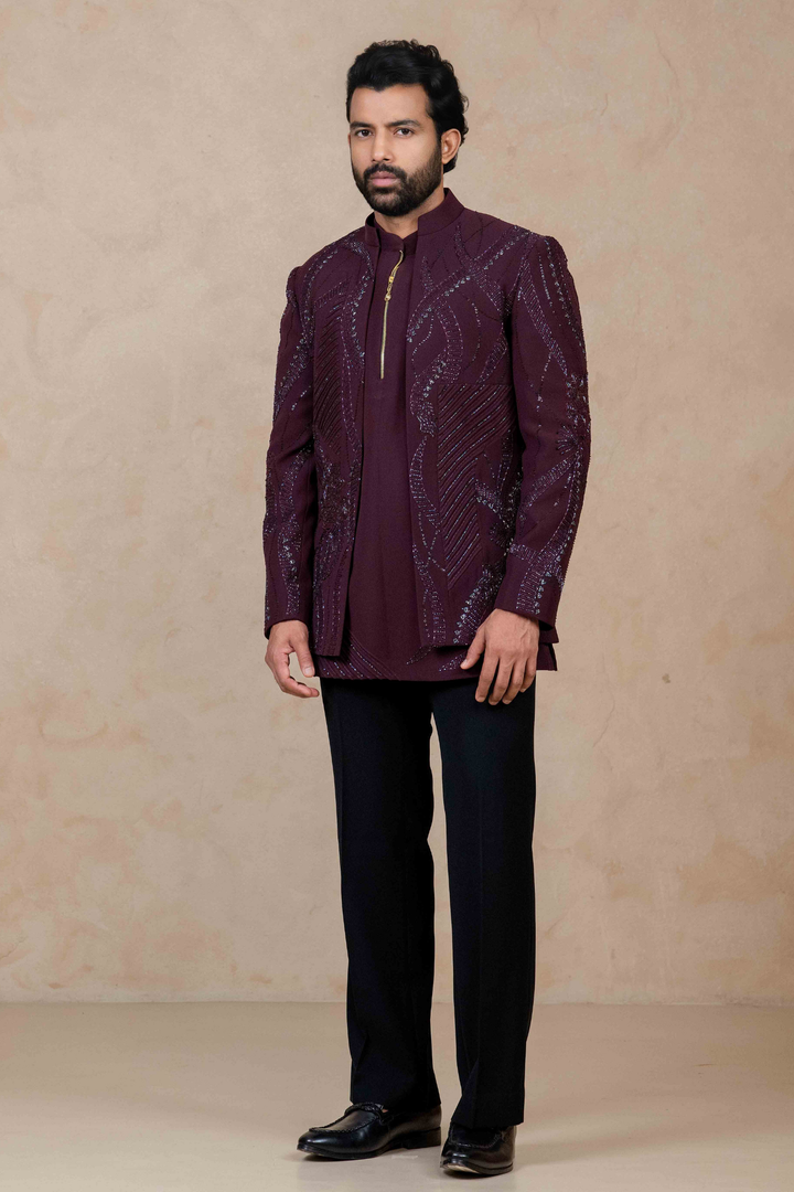 Wine - Cutdana & Pearls - Polyester Lycra - Jodhpuri