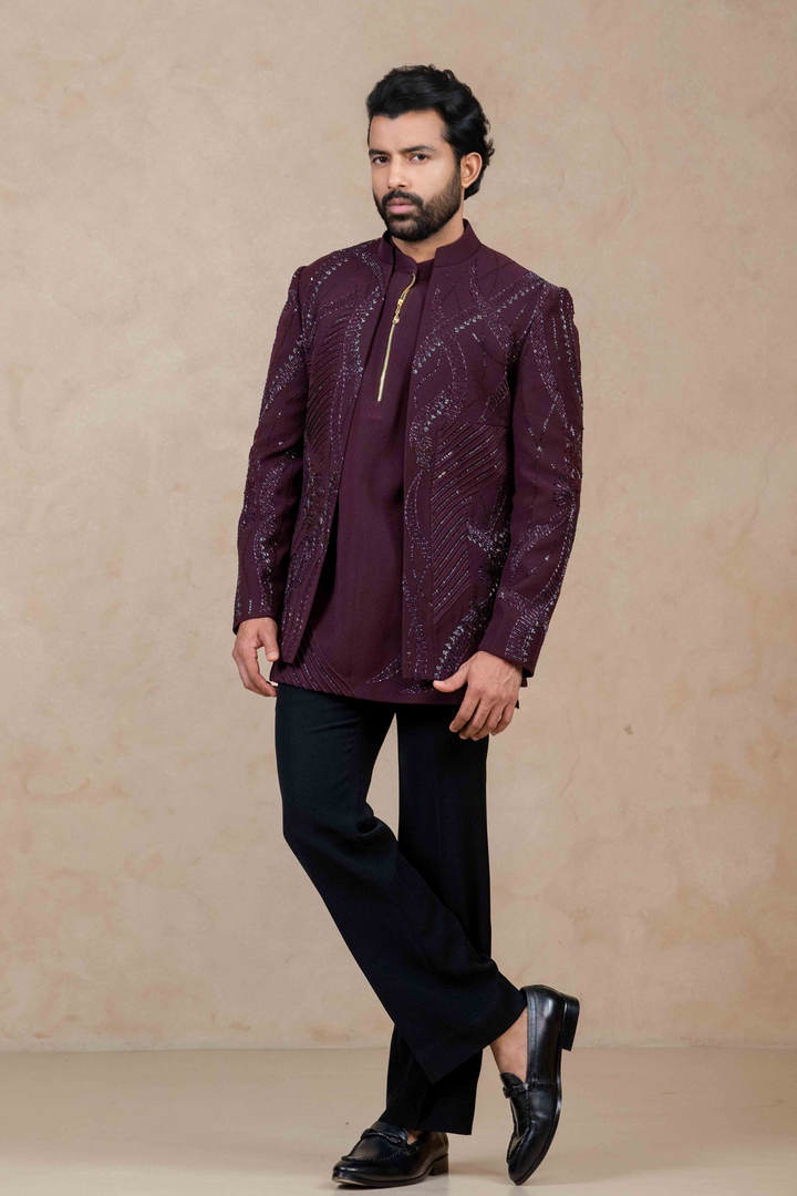 Wine - Cutdana & Pearls - Polyester Lycra - Jodhpuri