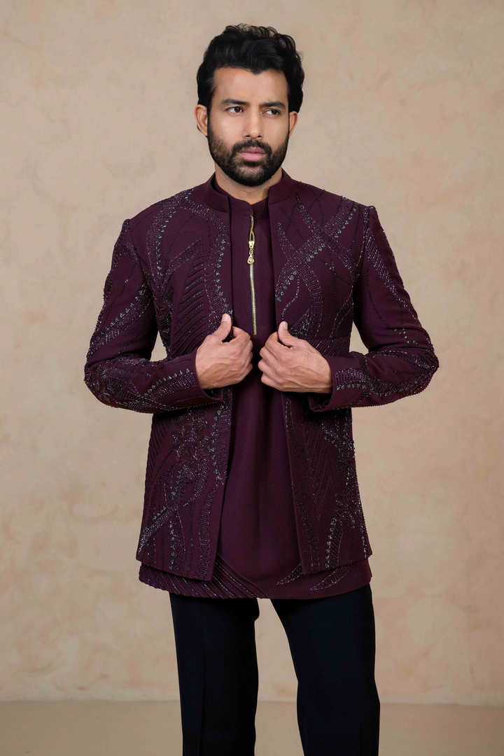 Wine - Cutdana & Pearls - Polyester Lycra - Jodhpuri
