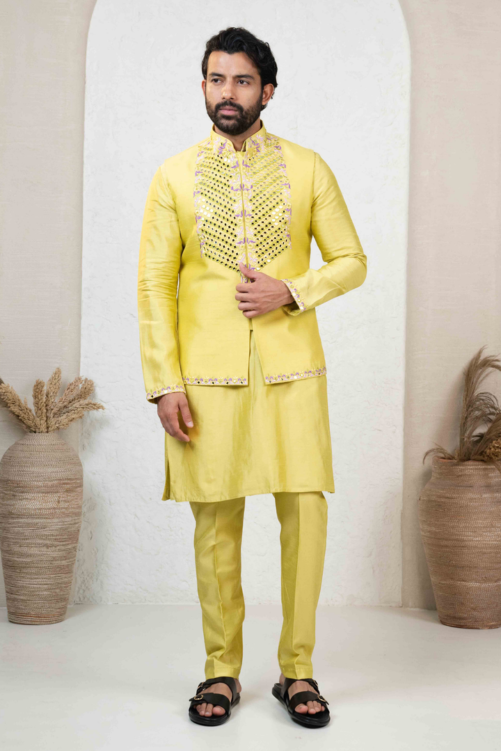 Yellow Dupion Silk Mirror Work Thread Embroidered Kurta Koti Set
