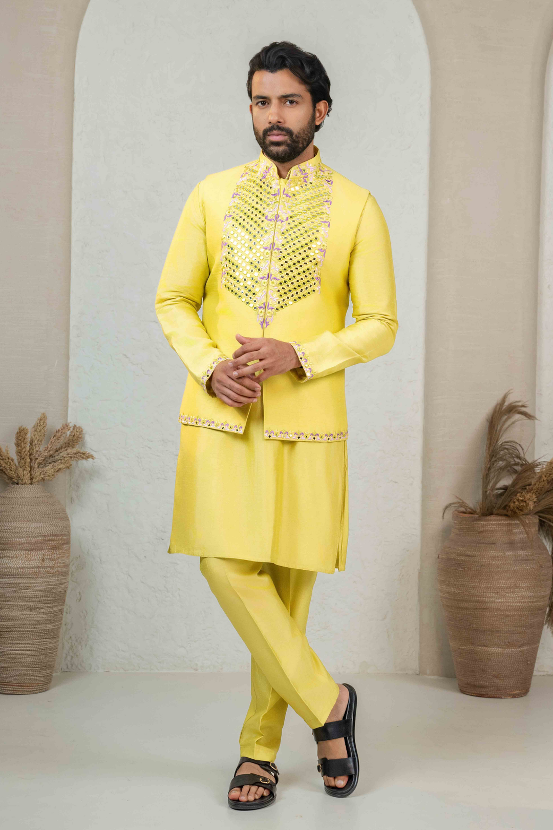 Yellow Dupion Silk Mirror Work Thread Embroidered Kurta Koti Set – Image 2