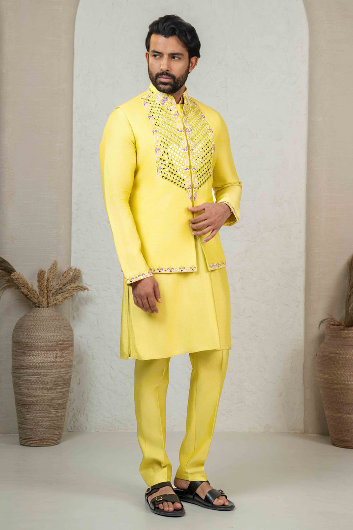 Yellow Dupion Silk Mirror Work Thread Embroidered Kurta Koti Set