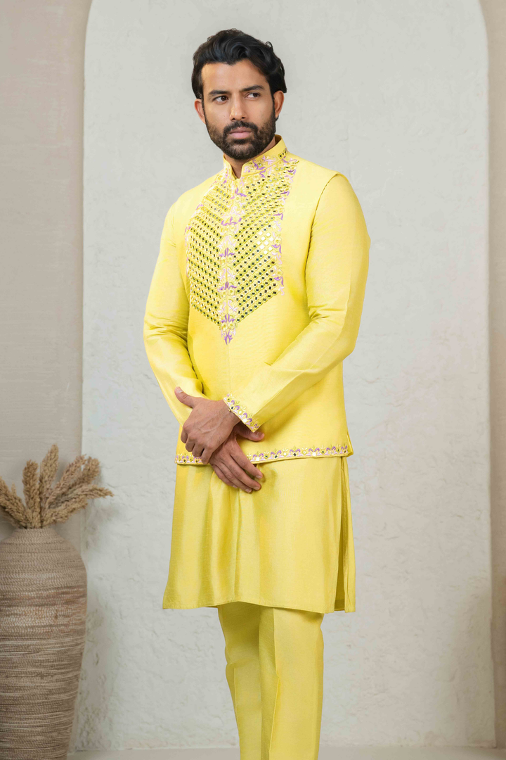 Yellow Dupion Silk Mirror Work Thread Embroidered Kurta Koti Set