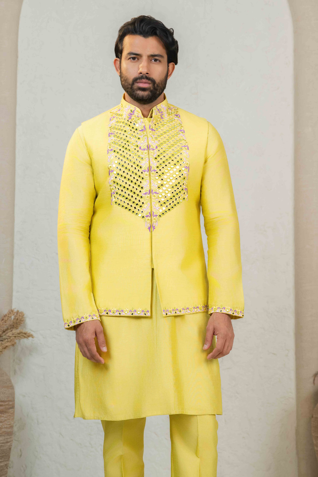 Yellow Dupion Silk Mirror Work Thread Embroidered Kurta Koti Set – Image 6