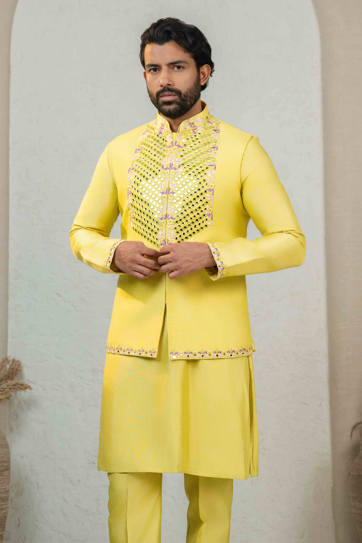 Yellow Dupion Silk Mirror Work Thread Embroidered Kurta Koti Set